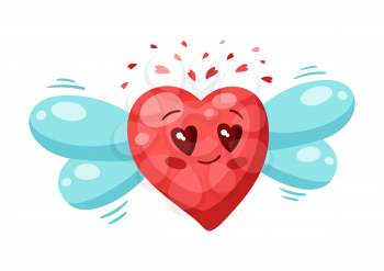 Cute flying heart. Valentine Day greeting card. Illustration of kawaii character with eyes hearts.