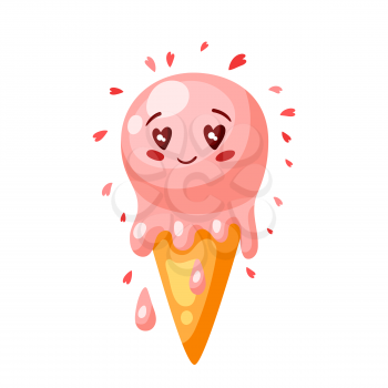 Cute ice cream in love. Valentine Day greeting card. Illustration of kawaii character with eyes hearts.