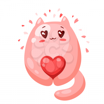 Cute cat in love with heart. Valentine Day greeting card. Illustration of kawaii character with eyes hearts.
