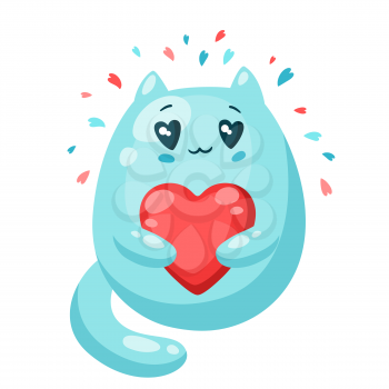 Cute cat in love with heart. Valentine Day greeting card. Illustration of kawaii character with eyes hearts.