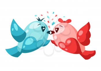 Cute couple of birds in love. Valentine Day greeting card. Illustration of kawaii characters with eyes hearts.