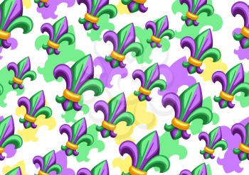 Seamless pattern with fleur de lis in Mardi Gras colors. Carnival background for traditional holiday or festival.