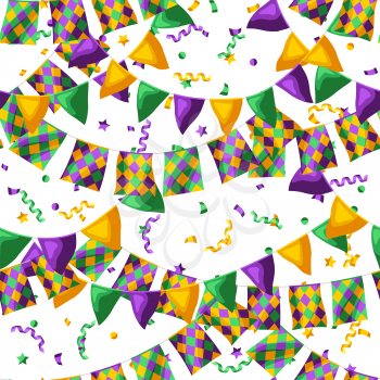 Seamless pattern with flags in Mardi Gras colors. Carnival background for traditional holiday or festival.