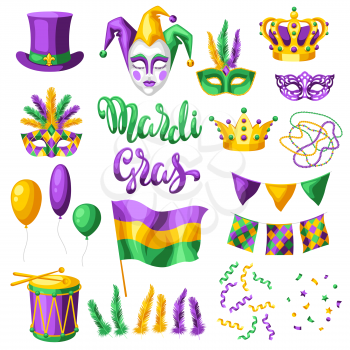 Mardi Gras party set of items. Carnival background for traditional holiday or festival.