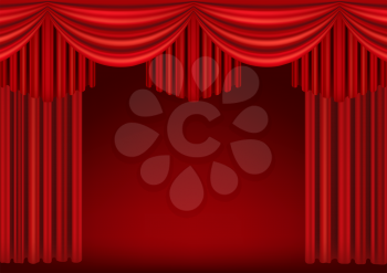 Red curtains of theater stage. Template for theatrical performance, movie house or presentation. Detailed mesh illustration.