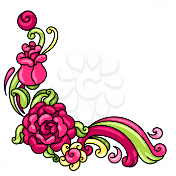 Decorative element with roses and lilies. Beautiful decorative flowers, buds and leaves.