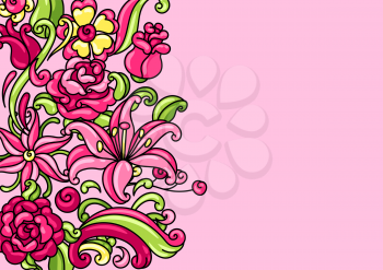 Background with roses and lilies. Beautiful decorative flowers, buds and leaves.