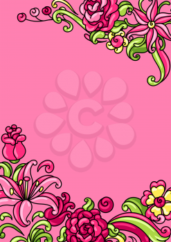 Background with roses and lilies. Beautiful decorative flowers, buds and leaves.