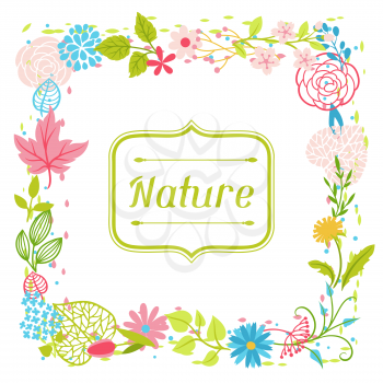 Frame with spring flowers. Beautiful decorative natural plants, buds and leaves.