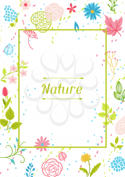 Frame with spring flowers. Beautiful decorative natural plants, buds and leaves.