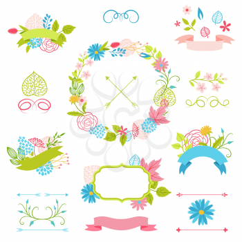 Set of decorative ribbons with spring flowers. Beautiful natural plants, buds and leaves.