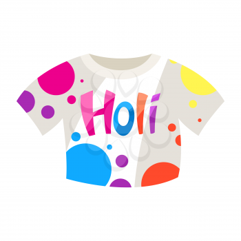 Illustration of Happy Holi t-shirt in paint. Party item for color festival.