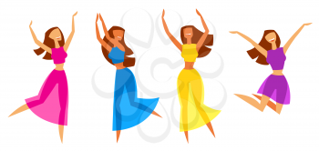 Illustration of happy dansing girls. Colored stylized figures.