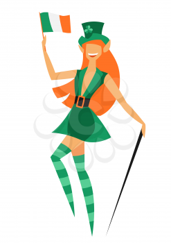 Illustration of Irish fantastic character leprechaun girl. Saint Patricks Day celebration. Stylish woman in traditional costume.