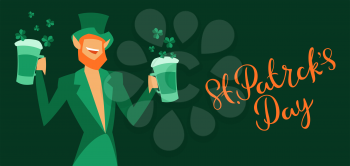 Saint Patricks Day greeting card with leprechaun. Holiday illustration with Irish symbol.