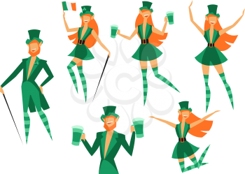 Set of Irish fantastic characters leprechauns. Saint Patricks Day celebration. Stylish men and girls in traditional costume.