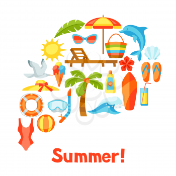 Print with summer and beach objects. Illustration of stylized items.