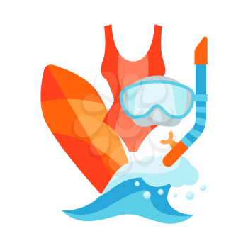 Summer illustration with surfing and diving. Print in simple cartoon style.