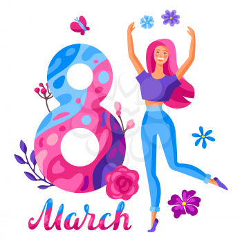 Greeting card for International Womens Day celebration. 8th March background with girl and flowers in trendy style.