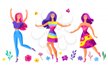 Illustration of three dancing girls. Beautiful young women in trendy style.