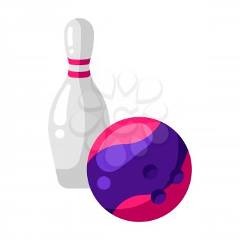 Icon of skittle and bowling ball in flat style. Stylized sport equipment illustration.