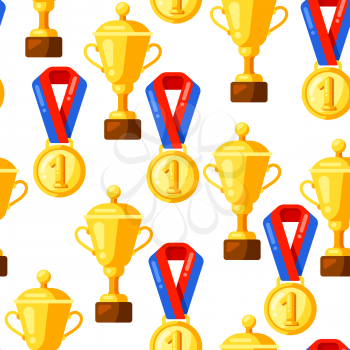 Seamless pattern with gold cups and medals in flat style. Stylized sport equipment background.