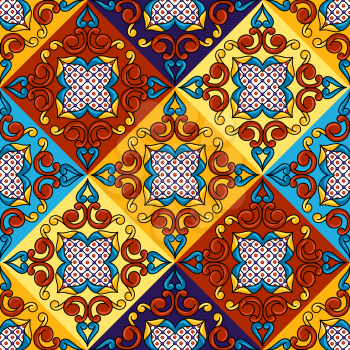 Mexican talavera ceramic tile seamless pattern. Decoration with ornamental flowers. Traditional decorative objects. Ethnic folk ornament.