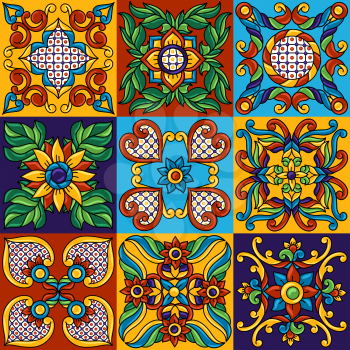 Mexican talavera ceramic tile seamless pattern. Decoration with ornamental flowers. Traditional decorative objects. Ethnic folk ornament.