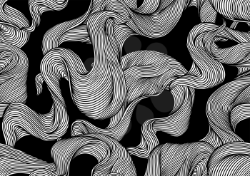 Seamless pattern with wave line curls. Monochrome stripes black and white texture. Wavy abstract fur or hair.