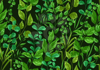 Seamless pattern of sprigs with green leaves. Decorative natural plants.