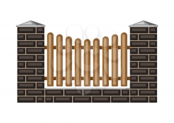 Illustration of bricks fence with wooden boards. Garden, park or yard hedge section.