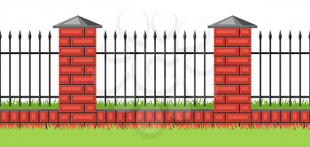 Illustration of bricks fence with forging. Garden, park or yard hedge section.