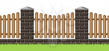 Illustration of bricks fence with wooden boards. Garden, park or yard hedge section.