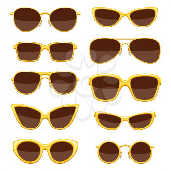 Set of stylish sunglasses. Gold abstract fashionable accessories.