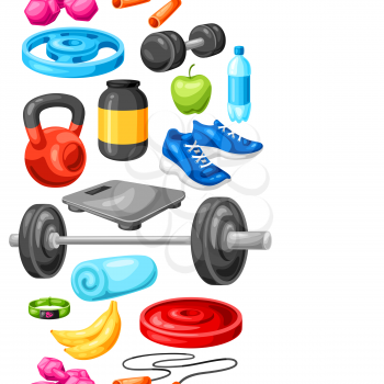 Seamless pattern with fitness equipment. Sport bodybuilding items illustration. Healthy lifestyle background.
