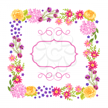 Frame with pretty flowers. Beautiful decorative natural plants, buds and leaves.