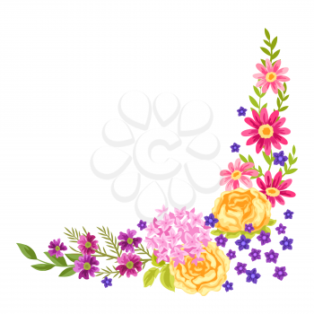 Decorative element with pretty flowers. Beautiful decorative natural plants, buds and leaves.