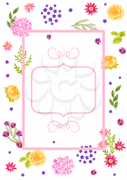 Frame with pretty flowers. Beautiful decorative natural plants, buds and leaves.