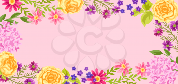 Background with pretty flowers. Beautiful decorative natural plants, buds and leaves.