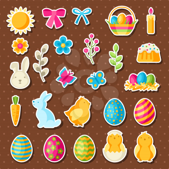 Happy Easter set of holiday stickers. Decorative symbols and objects, eggs, bunnies.