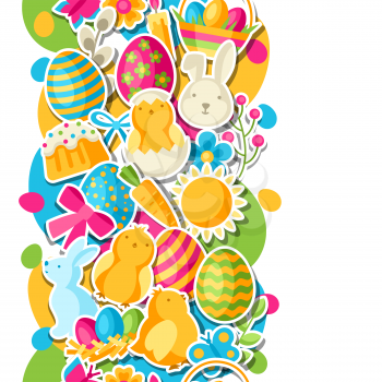 Happy Easter seamless pattern with holiday stickers. Decorative symbols and objects, eggs, bunnies.