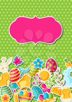 Happy Easter greeting card with holiday stickers. Decorative symbols and objects, eggs, bunnies.