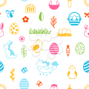 Happy Easter seamless pattern with holiday items. Decorative symbols and objects, eggs, bunnies.
