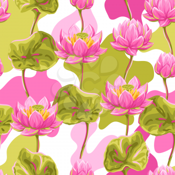 Seamless pattern with lotus flowers. Water lily decorative illustration. Natural tropical plants.