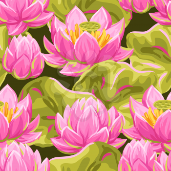 Seamless pattern with lotus flowers. Water lily decorative illustration. Natural tropical plants.