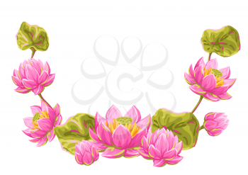 Decorative element with lotus flowers. Water lily illustration. Natural tropical plants.