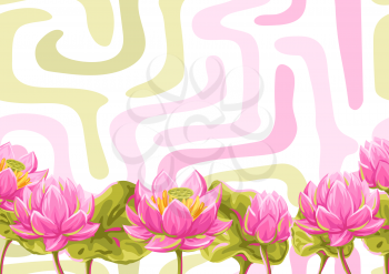 Background with lotus flowers. Water lily decorative illustration. Natural tropical plants.