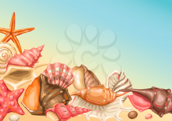 Background with seashells. Tropical underwater mollusk shells decorative illustration.