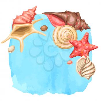 Background with seashells. Tropical underwater mollusk shells decorative illustration.