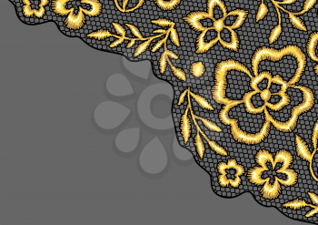 Lace background with gold flowers. Vintage golden embroidery on lacy texture grid.